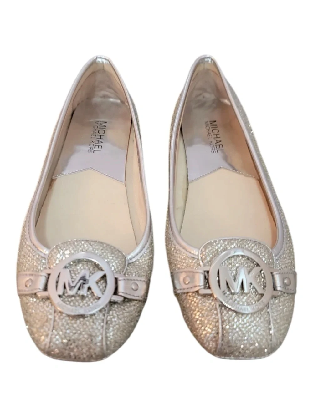 Michael Kors Fulton Moccasin Ballet Flat Silver Metallic Glitter Finish Sz 7M